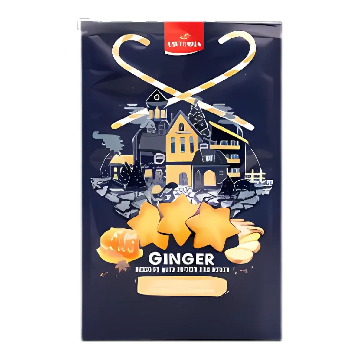 Explore the charming Viktorija - Ginger Biscuits with Butter & Honey - 225g package, adorned with a stylized house and gingerbread design against a dark background. These biscuits are sure to satisfy your cravings with their rich, spicy-sweet taste.