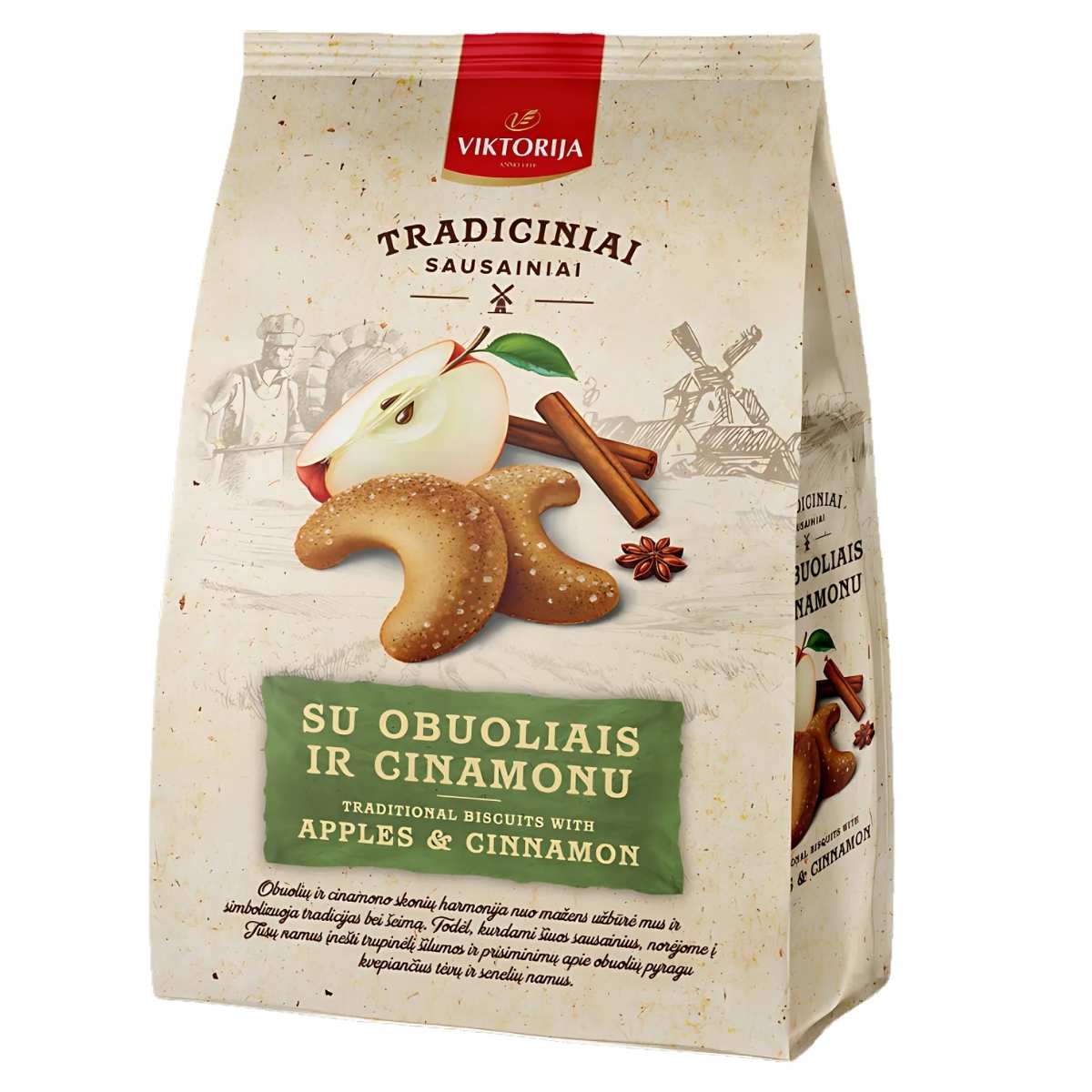 Package of Viktorija Traditional Apple & Cinnamon Biscuits, crafted using traditional methods and featuring charming illustrations of an apple, cinnamon sticks, and a cookie on the front. Savor this sweet treat that captures the delicious essence of classic flavors.