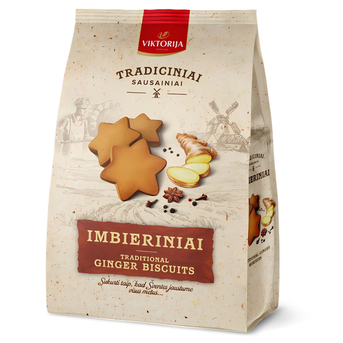 Viktorija's Traditional Ginger Biscuits, a 250g bag featuring star-shaped cookies, crafted using a classic recipe.