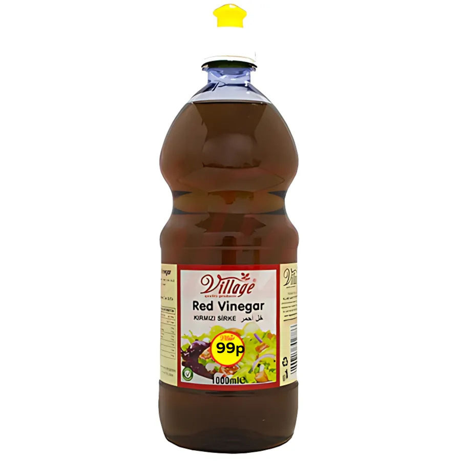 Village Red Vinegar 1L bottle with a yellow cap and 99p price label—perfect as cooking vinegar for your favorite recipes.
