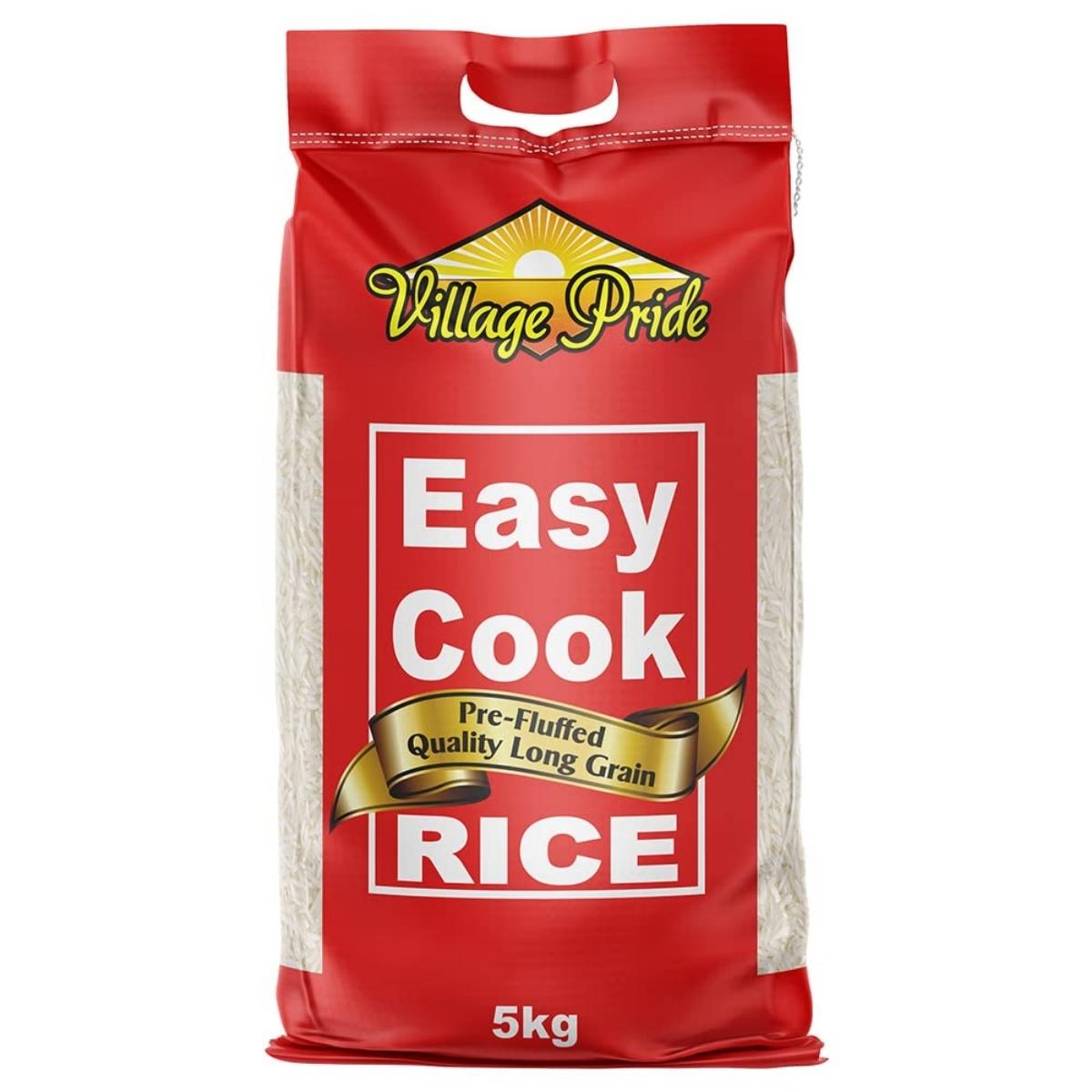 The 5kg Village Pride Easy Cook Rice offers pre-fluffed quality long grains in a vibrant red bag for an effortless cooking experience.