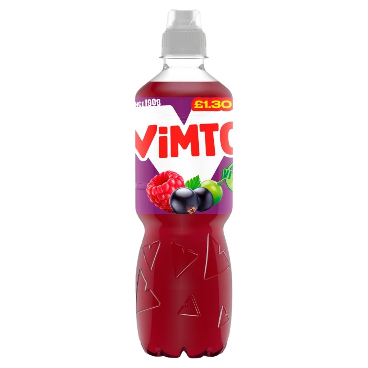 A 500ml bottle of Vimto - Original Drink features a red liquid, images of raspberry, grape, and blackcurrant on the label, priced at £1.30.