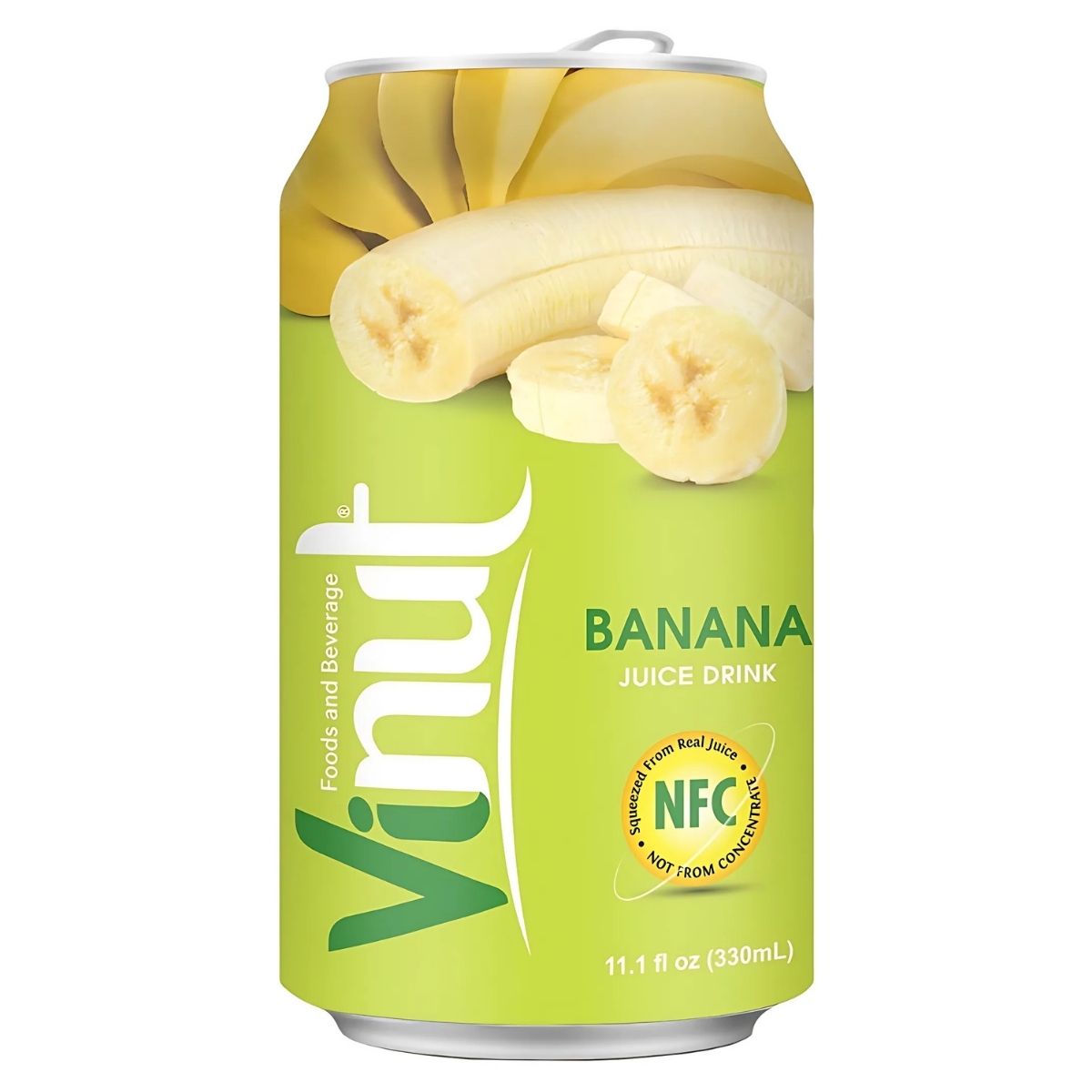 A 330ml Vinut - Banana Juice Drink Can, adorned with banana images on a green background, emphasizes it's made from real juice rather than concentrate—offering a healthy drink choice.