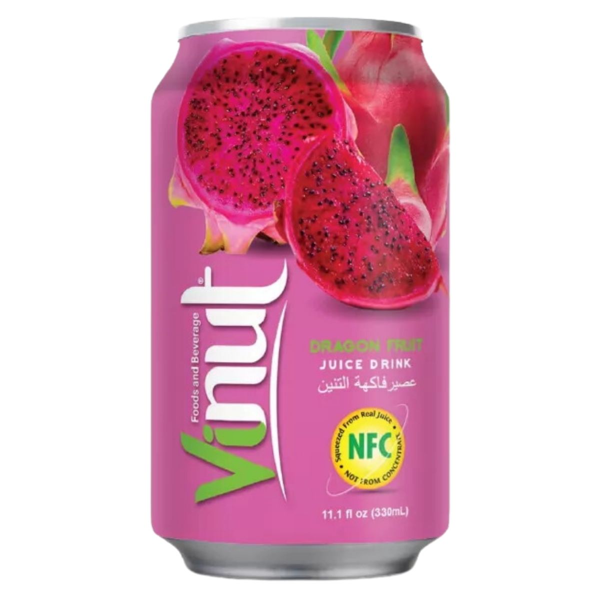 A Vinut Dragon Fruit Juice Drink Can, 330ml, features a pink label with a dragon fruit image, includes Arabic text, an NFC logo for a unique experience, and is rich in vitamins and nutrients.