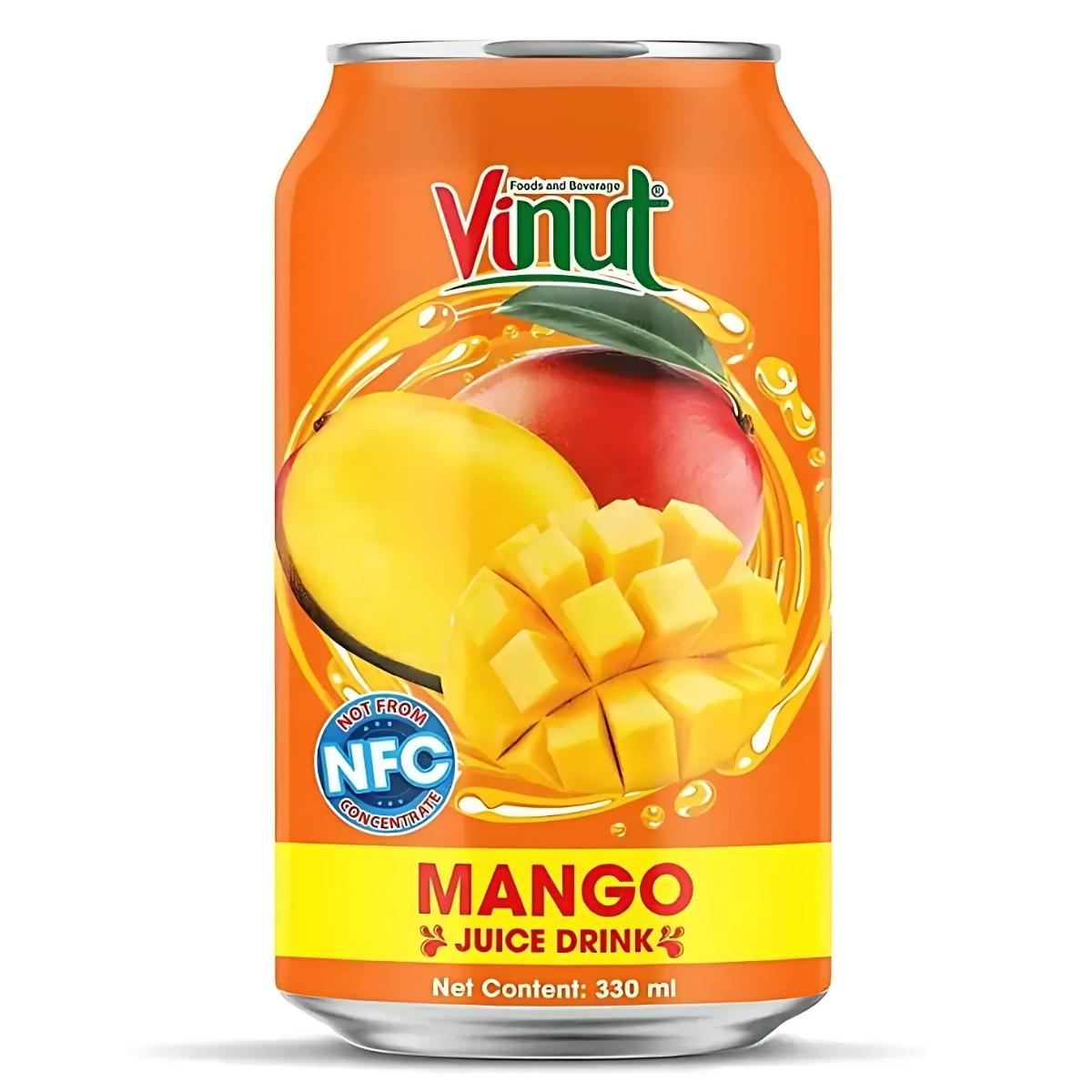 The Vinut - Mango Juice Drink Can, 330ml, features vibrant images of whole and sliced mangoes against an orange backdrop. It's refreshing and "Not From Concentrate," delivering a true taste of tropical mango bliss.