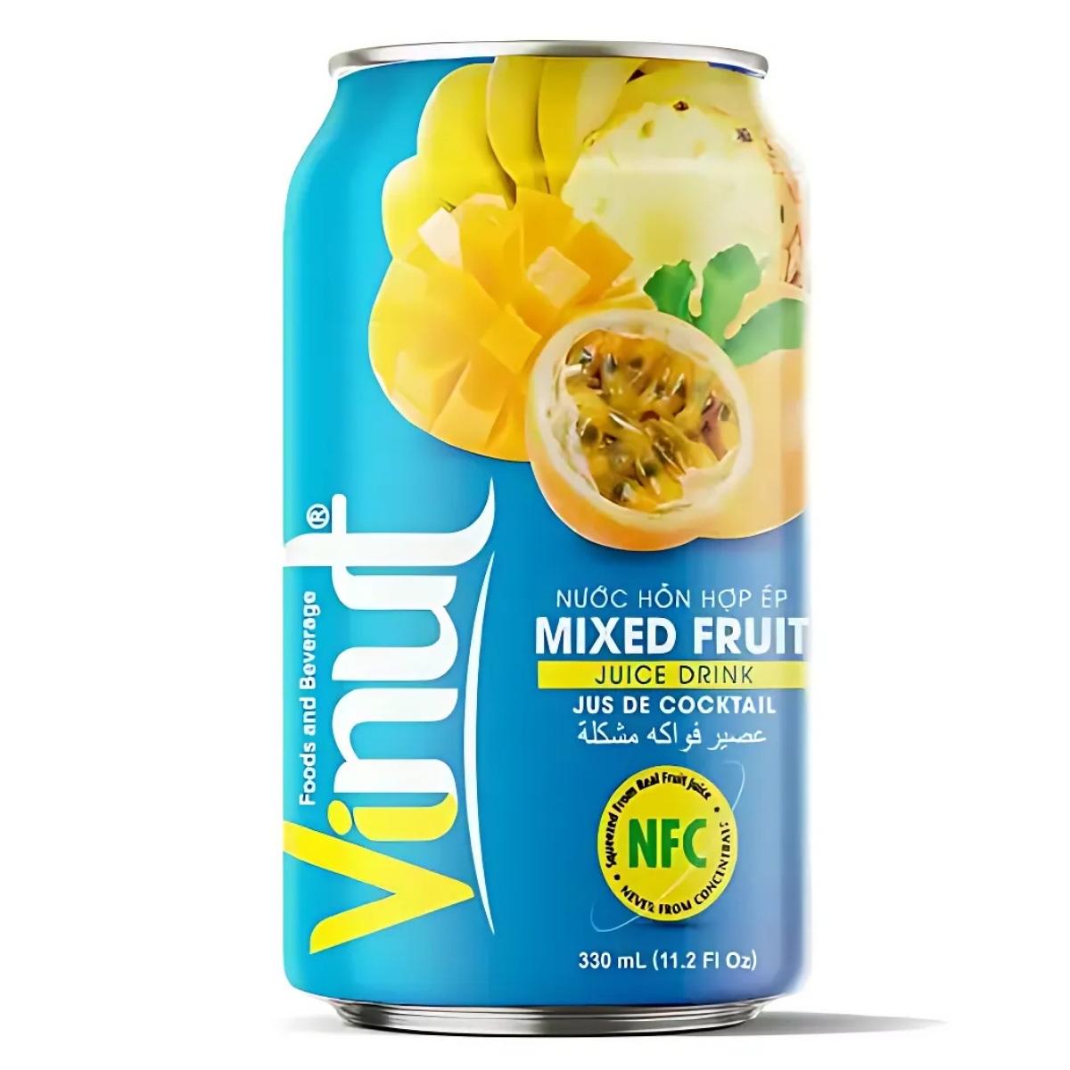 Explore the hydrating Vinut - Mixed Fruit Juice Drink Can, with captivating mango and passion fruit imagery. Each 330ml can offers refreshing delight.