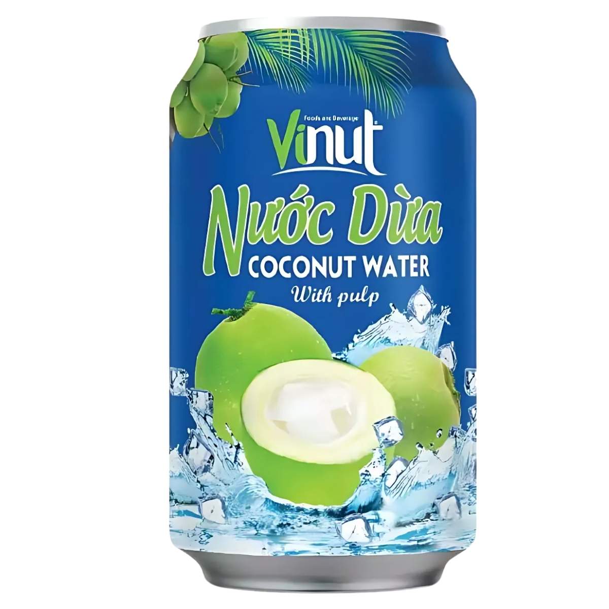 The 330ml Vinut - Nuoc Dua Coconut Water Can features blue packaging with green coconuts and ice cubes, offering refreshing hydration packed with essential electrolytes.