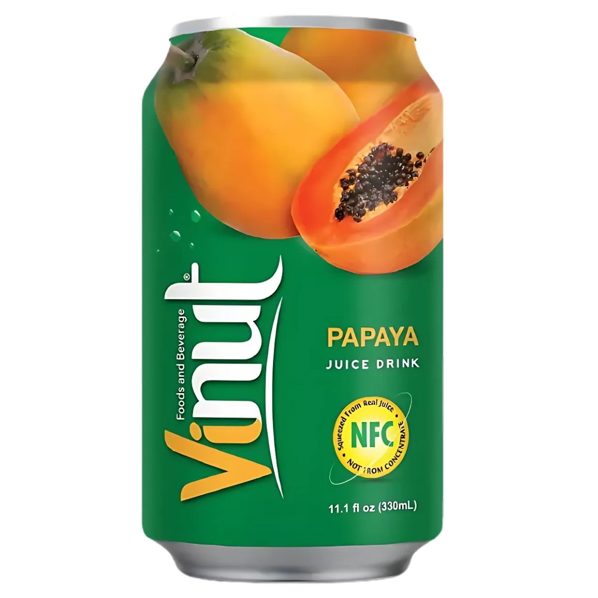 Enjoy the invigorating NFC Vinut Papaya Juice Drink, 330ml. The can features vibrant papaya images and is rich in antioxidants for a healthy lift.