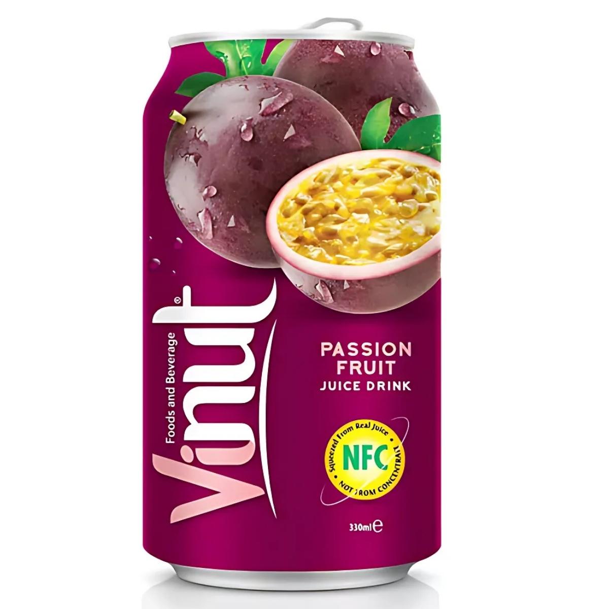 The purple Vinut Passionfruit Juice Drink Can (330ml) quenches thirst with the natural flavor of whole and halved passion fruits and features an NFC logo.