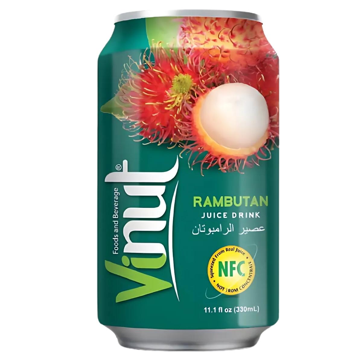 The 330ml Vinut Rambutan Juice Drink Can is a tropical delight with a rambutan fruit image on the label, offering an antioxidant-rich refreshment to invigorate your day.