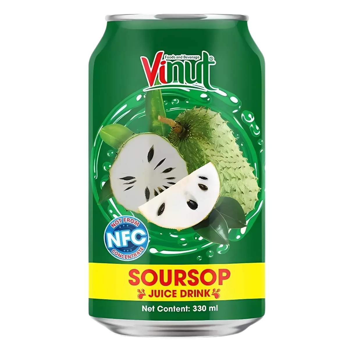 A vibrant green Vinut Soursop Juice Drink can features a soursop illustration and is packed with vitamins and nutrients. It offers a refreshing 330ml of tropical goodness, "Not from concentrate, NFC.