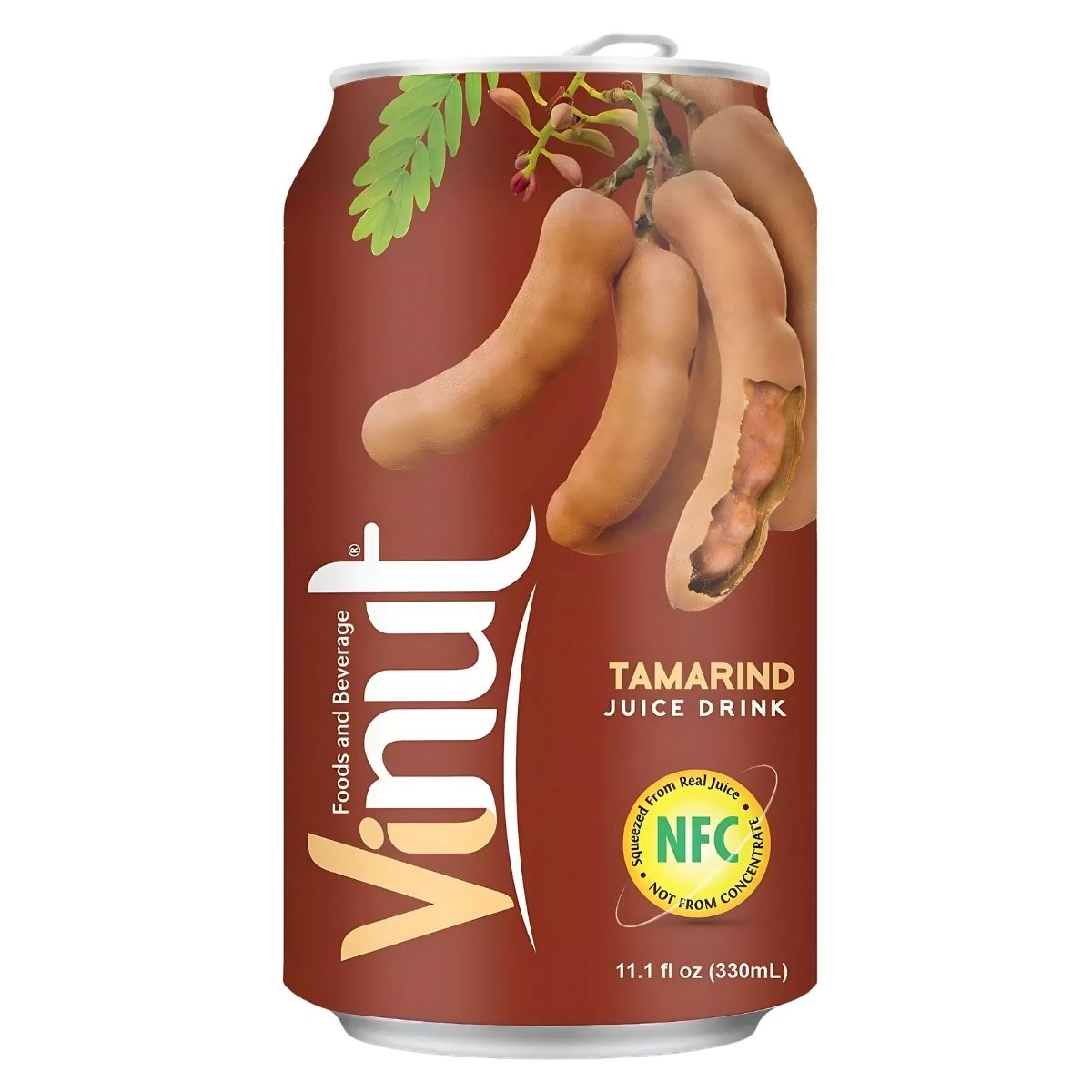 The Vinut Tamarind Juice Drink Can, with a brown label featuring tamarind pods, offers 330ml (11.1 fl oz) of refreshing flavor.