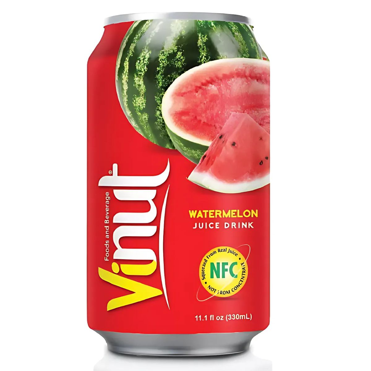 A 330ml Vinut - Watermelon Juice Drink can showcases a watermelon and slice on a vivid red background, offering the true taste of summer in every sip.