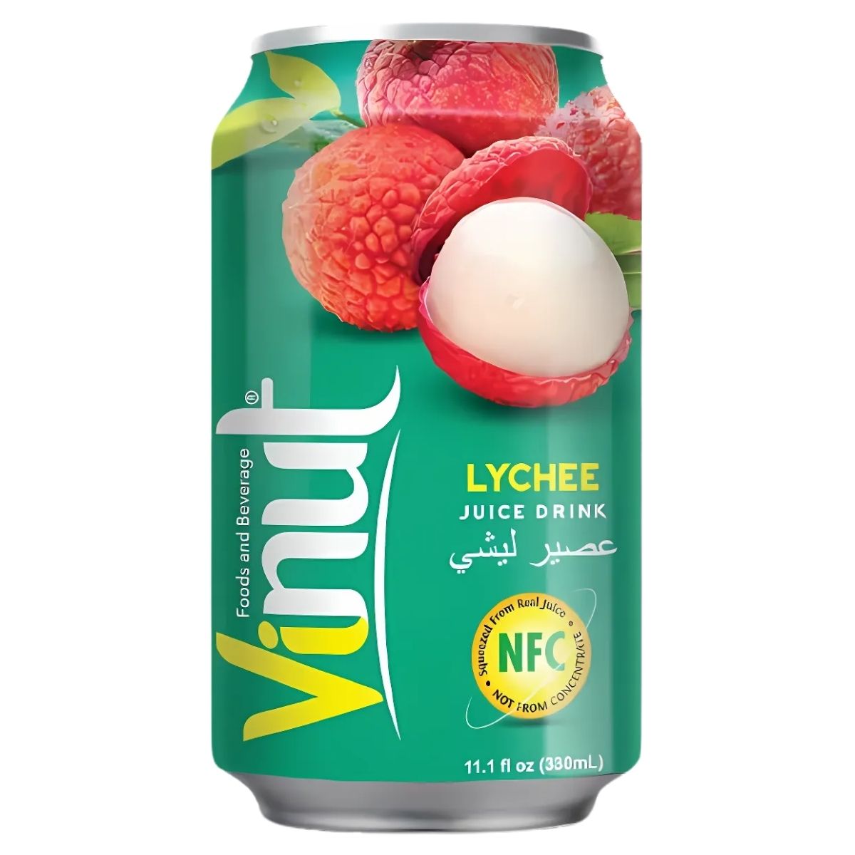 A can of Vinut - Lychee Juice Drink (330ml) showcases vibrant lychee images, marked as "Not From Concentrate," offering a refreshing drink for any occasion.