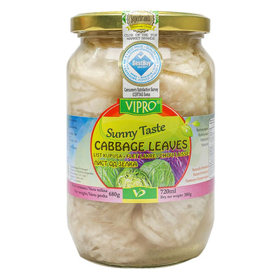 A 680g jar of Vipro Cabbage Leaves with a yellow lid and multilingual label, packed with essential nutrients to help support your immune system, and features full product details.