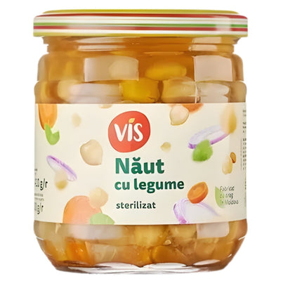 Vis Chickpea with Vegetables 410g—protein-rich chickpeas mixed with tasty veggies in a glass jar. Colorful label and striped lid add style; perfect for a healthy meal from Vis.