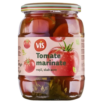A 670g glass jar of Vis Tomate Marinate rosii, slab acre (Slightly Sour Tomatoes), with a tomato-themed Romanian label—ideal for enhancing any antipasti platter.