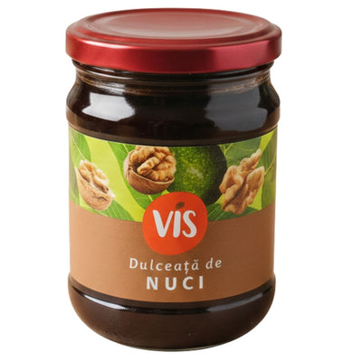 A 320g glass jar labeled "Vis - Walnut Jam" from the brand Vis, with a red lid and images of walnuts, contains delicious jam made from preserved walnuts.