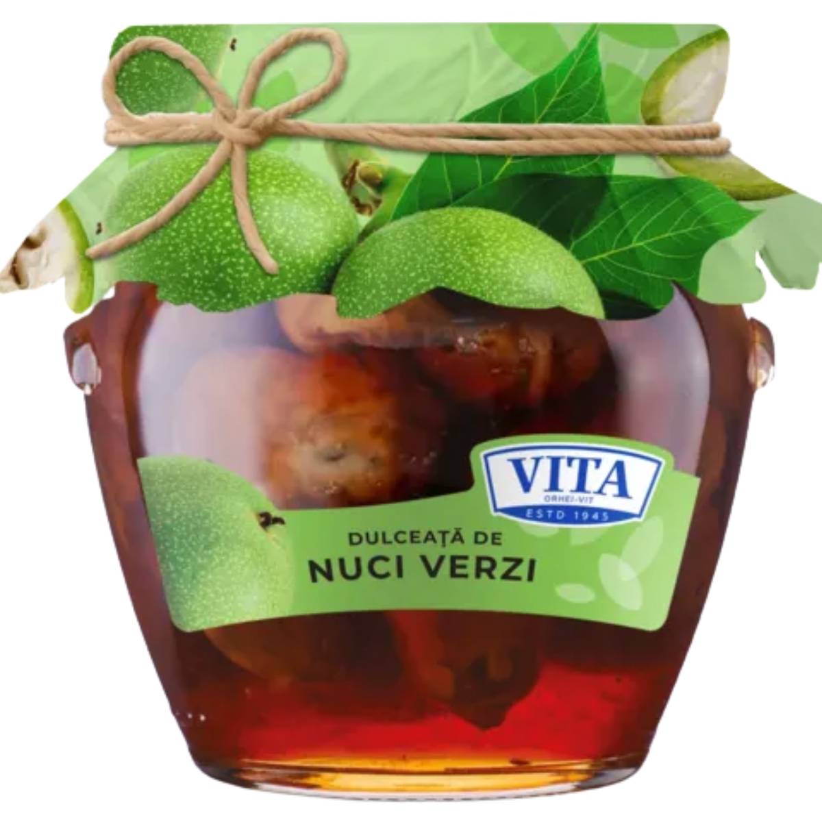 Jar of VITA green walnut jam with green lid and leaves on a white background