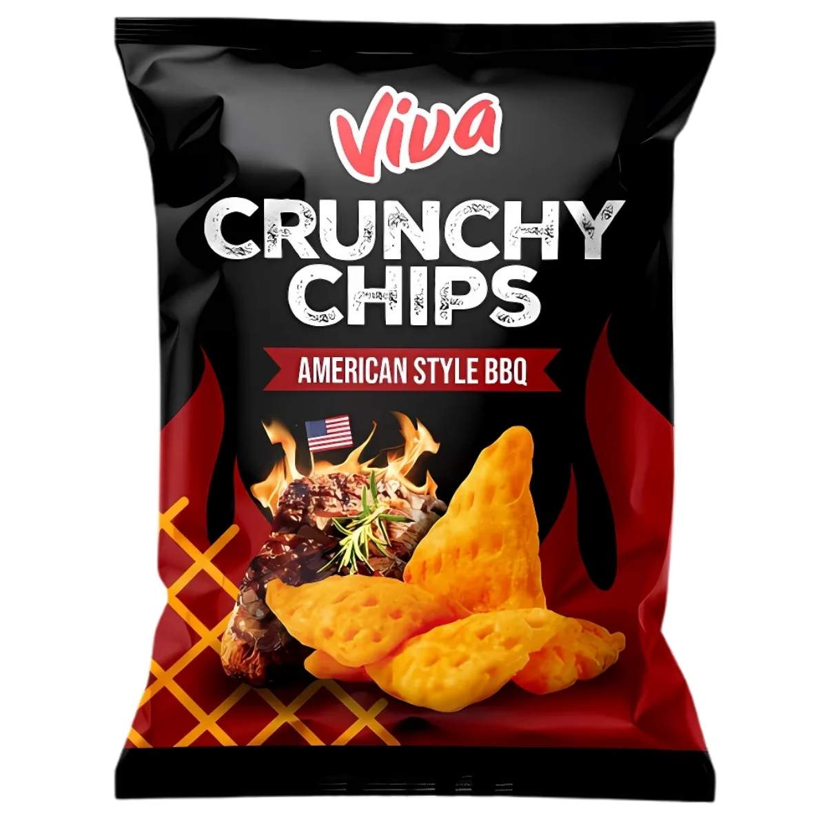 Experience the ultimate backyard BBQ vibe with Viva's 100g American Style BBQ Flavoured Crisps, featuring a bold rib and flame design. This snack delivers a tantalizing blend of spices to ignite your taste buds in every bite.