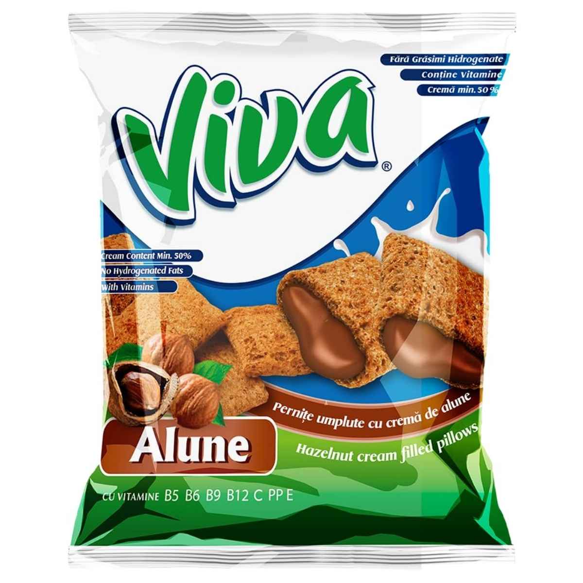 A 200g package of Viva Chocolate Filled Crisps featuring an image of the snack and hazelnuts on the front.