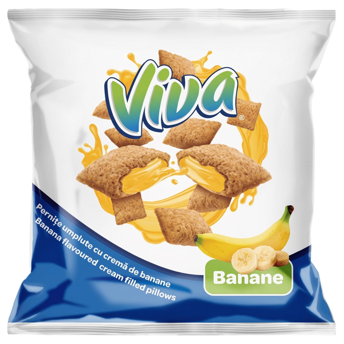 A bag of Viva Banana Cream Filled Pillows on a plain white background. The packaging is white with a blue lower section, featuring illustrations of brown pillows filled with yellow cream, banana slices, and the green and blue 'Viva' brand logo.