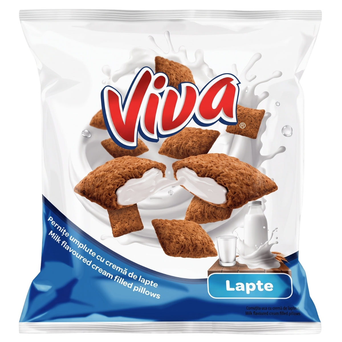A 200g package of Viva Square Snacks with Milk Cream Filling, featuring bite-sized crunchy pillows filled with creamy milk, and an eye-catching image of a splash of milk on the front. Expertly made by Viva, these delicious treats blend the rich taste of milk cream with a satisfyingly crispy texture.