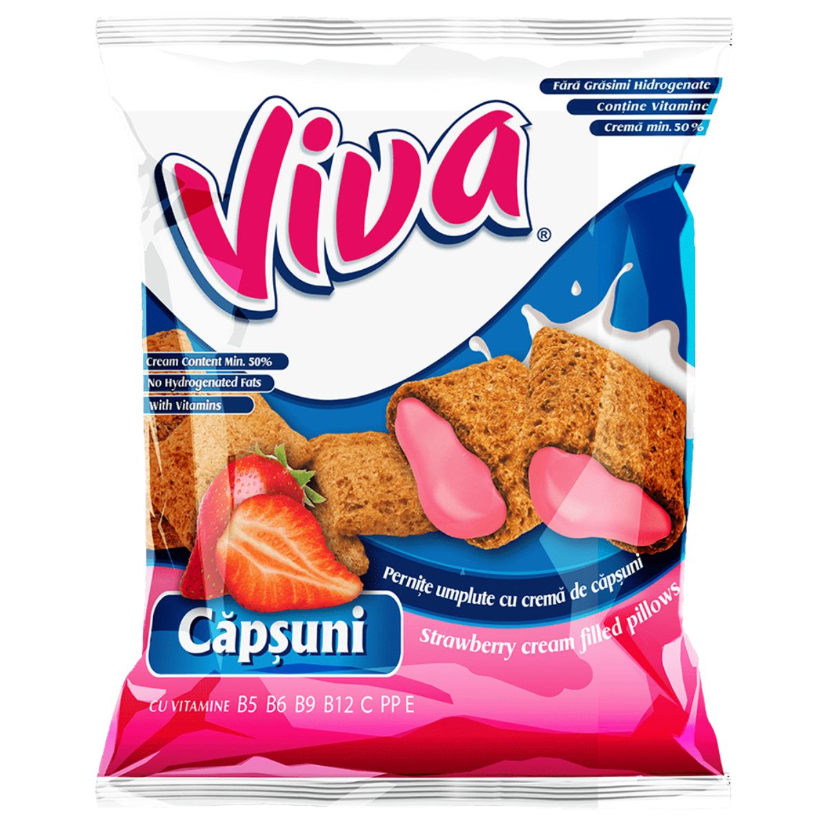 A package of Viva - Strawberry Capsuni Snacks - 200g, crafted with quality ingredients such as wheat flour and featuring a strawberry cream filling. The packaging emphasizes the vitamin content and the absence of hydrogenated fats.