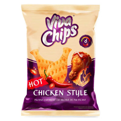 A 100g bag of Viva Chips - Hot Chicken Crisps by Viva, with spicy packaging showing drumstick-shaped chips, a real chicken drumstick, and red chili peppers.