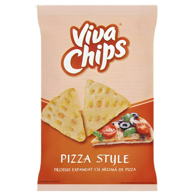 A 100g bag of Viva Chips Pizza Style Crisps by Viva, featuring English and Romanian text and packaging with two triangular chips and a pizza slice on the front.