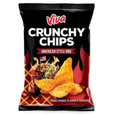 A 100g bag of Viva - Crunchy Chips American Style BBQ Crisps, with packaging showing chips, grilled meat, and an American flag.