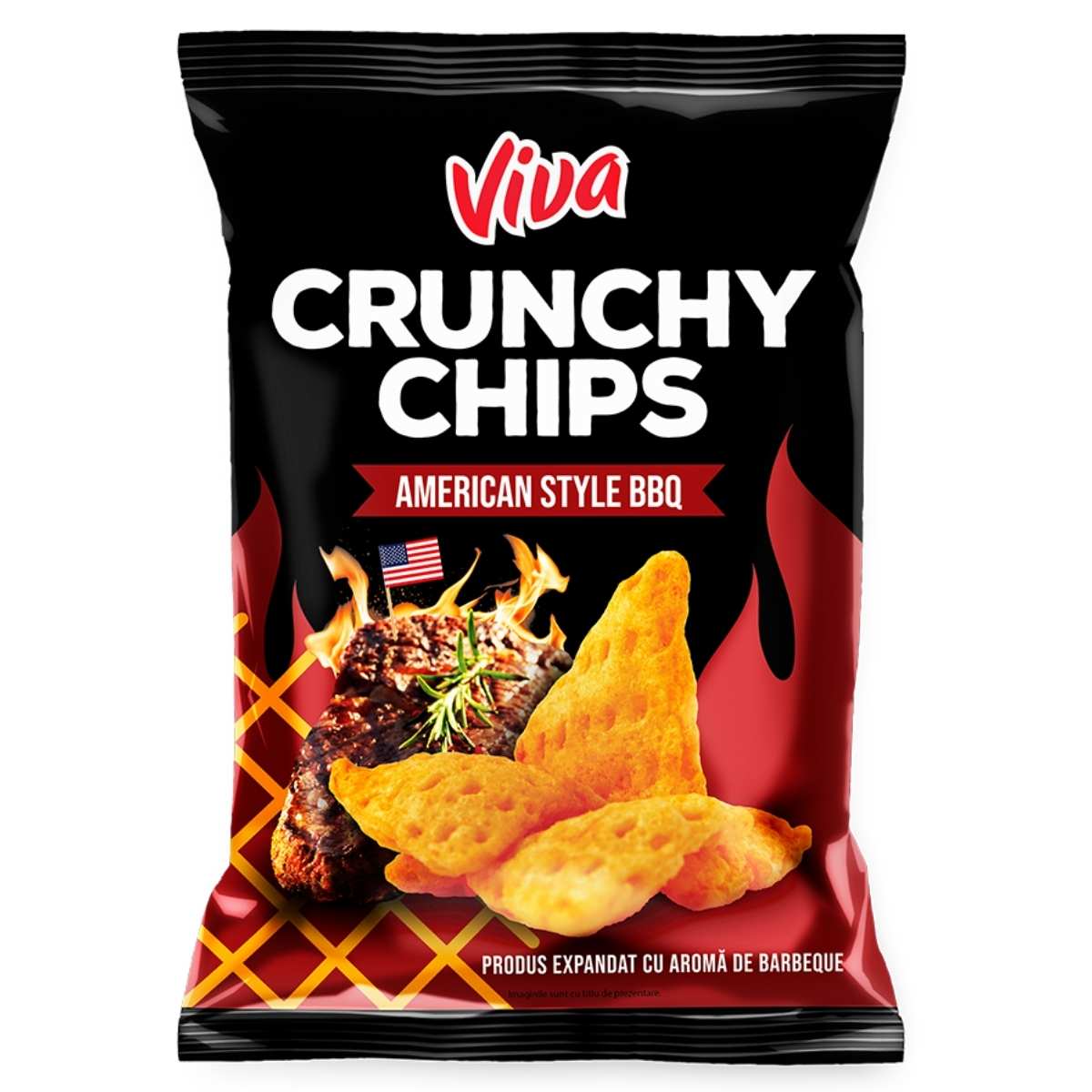 Viva - Crunchy Chips American Style BBQ Flavoured Crisps (100g) offer a mouth-watering snack experience, featuring images of crisps and grilled steak. Flames in the background highlight the bold explosion of spices in every bite.