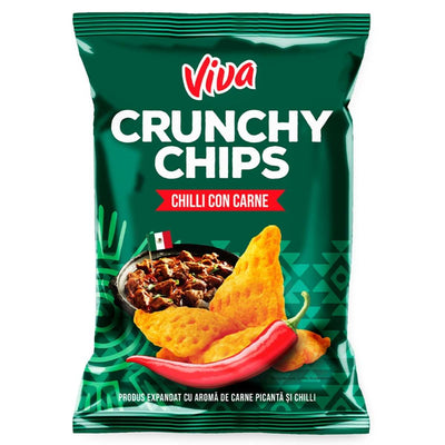 A 100g bag of Viva Crunchy Chips Chilli Con Carne Crisps, with images of crispy chips, chili con carne, a red chili pepper, and bilingual text on a vibrant green background.