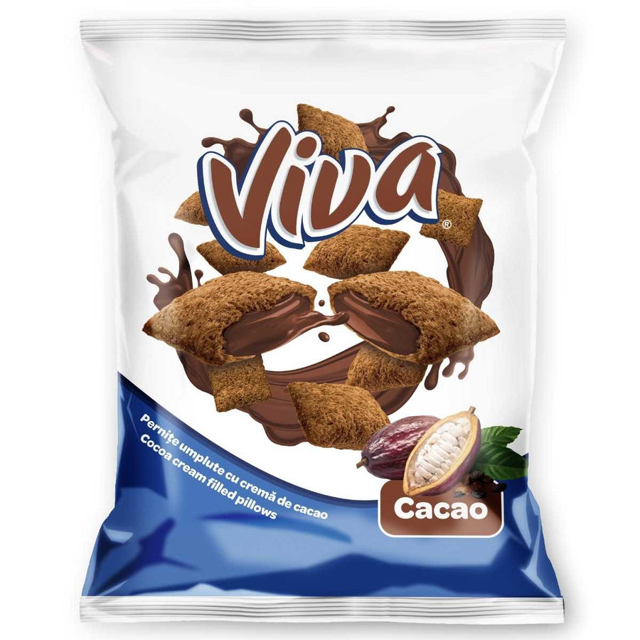 Front of a cereal package labeled "Viva," showing chocolate swirls and cereal pieces, highlighting the rich taste of cocoa blended with wholesome wheat flour. Product: Viva - Square Snacks with Chocolate Cream Filling - 200g.