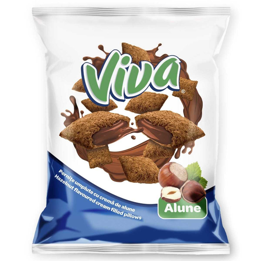 A 200g bag of Viva Square Snacks with Hazelnut Chocolate Cream Filling, featuring images of the cereal pieces and hazelnuts on the Viva packaging.
