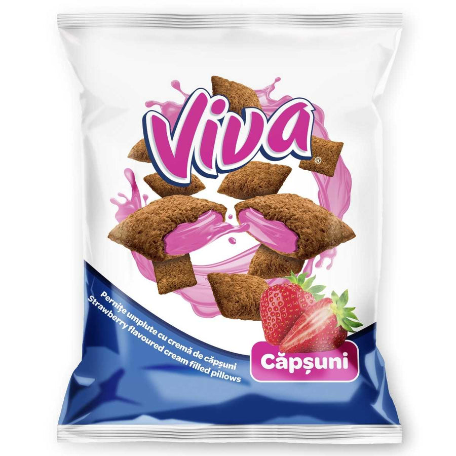 The packaging of Viva - Square Snacks with Strawberry Cream Filling - 200g features pink cream, luscious strawberries, and text in Romanian and English enticingly describing these delectable strawberry cream-filled pillows.