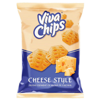 Viva Chips - Cheese Crisps - 100g bag with hexagon-shaped cheese crisps and a cheese wedge pictured on the front. Crunchy, cheesy snacks with English and Romanian text displayed at the bottom of the packaging.