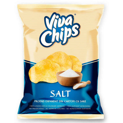 A 100g bag of Viva Chips Salted Crisps by Viva, a tasty potato snack, comes in packaging showing chips, a salt bowl, and a small wooden spoon.