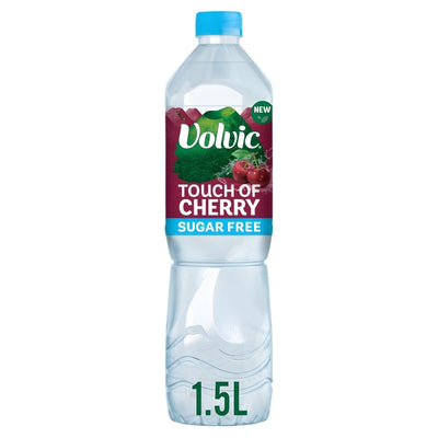 Enjoy Volvic Touch of Fruit Cherry Flavoured Water—1.5L sugar-free natural mineral water with a blue cap and cherry graphics by Volvic, perfect for any time.