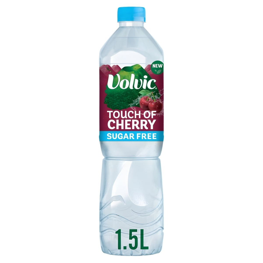 Enjoy Volvic Touch of Fruit Cherry Flavoured Water—1.5L sugar-free natural mineral water with a blue cap and cherry graphics by Volvic, perfect for any time.