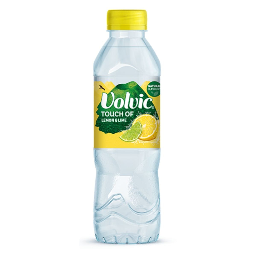 A 500ml bottle of Volvic Touch of Fruit Lemon & Lime Flavoured Water with a yellow cap and a green-yellow label featuring lemon and lime slice images.