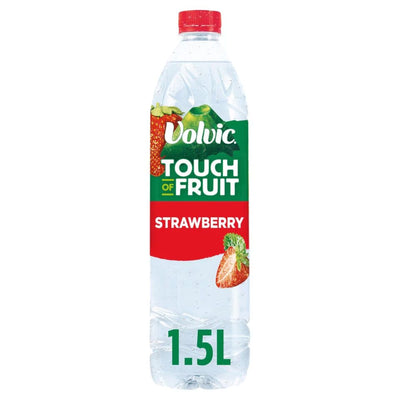 A 1.5L bottle of Volvic Touch of Fruit Strawberry Flavoured Water from Volvic, featuring a red cap and strawberry graphics on the label.
