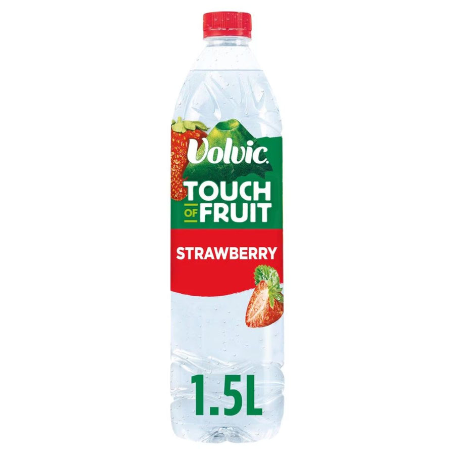 A 1.5L bottle of Volvic Touch of Fruit Strawberry Flavoured Water from Volvic, featuring a red cap and strawberry graphics on the label.