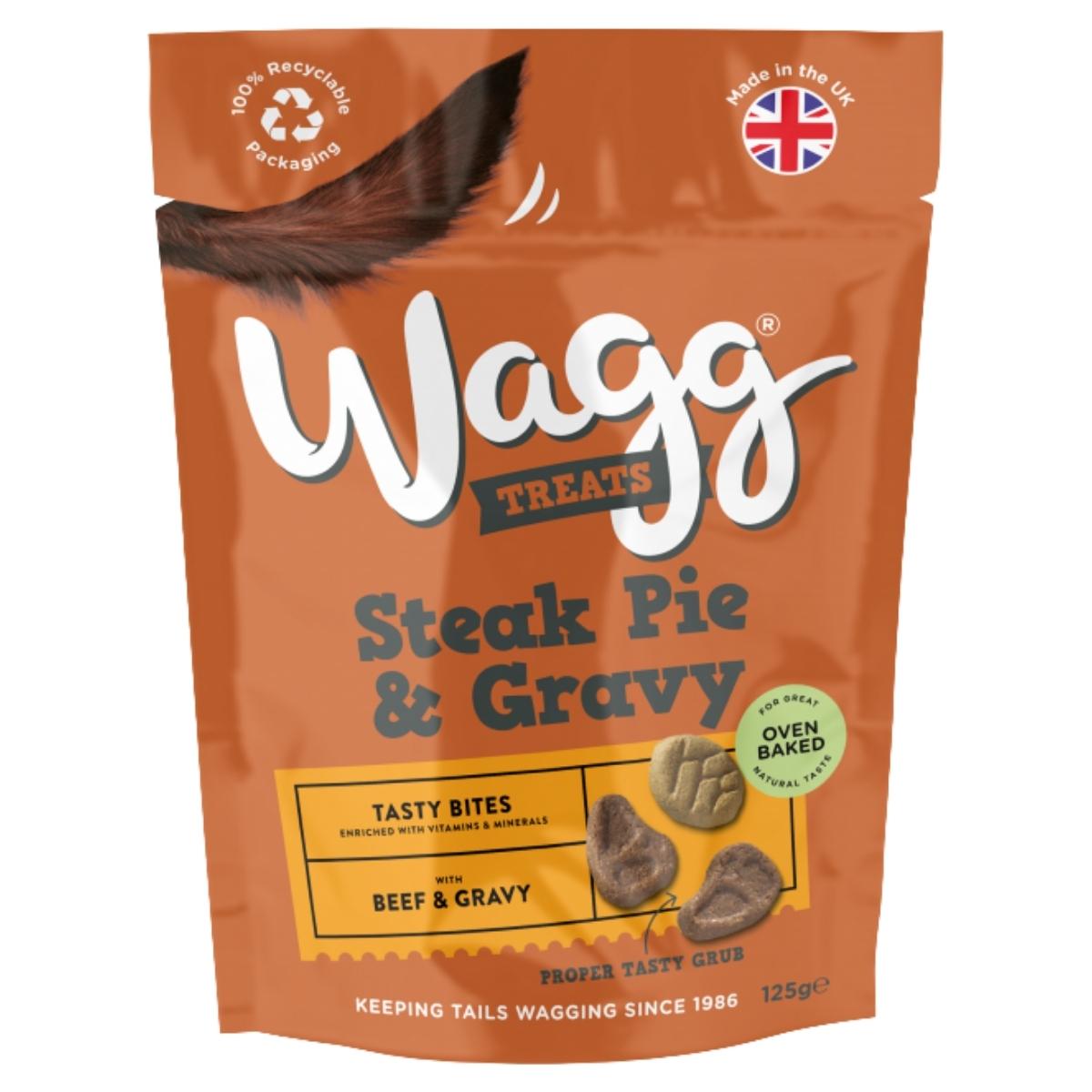 Wagg Steak Pie & Gravy dog treat package on a white background