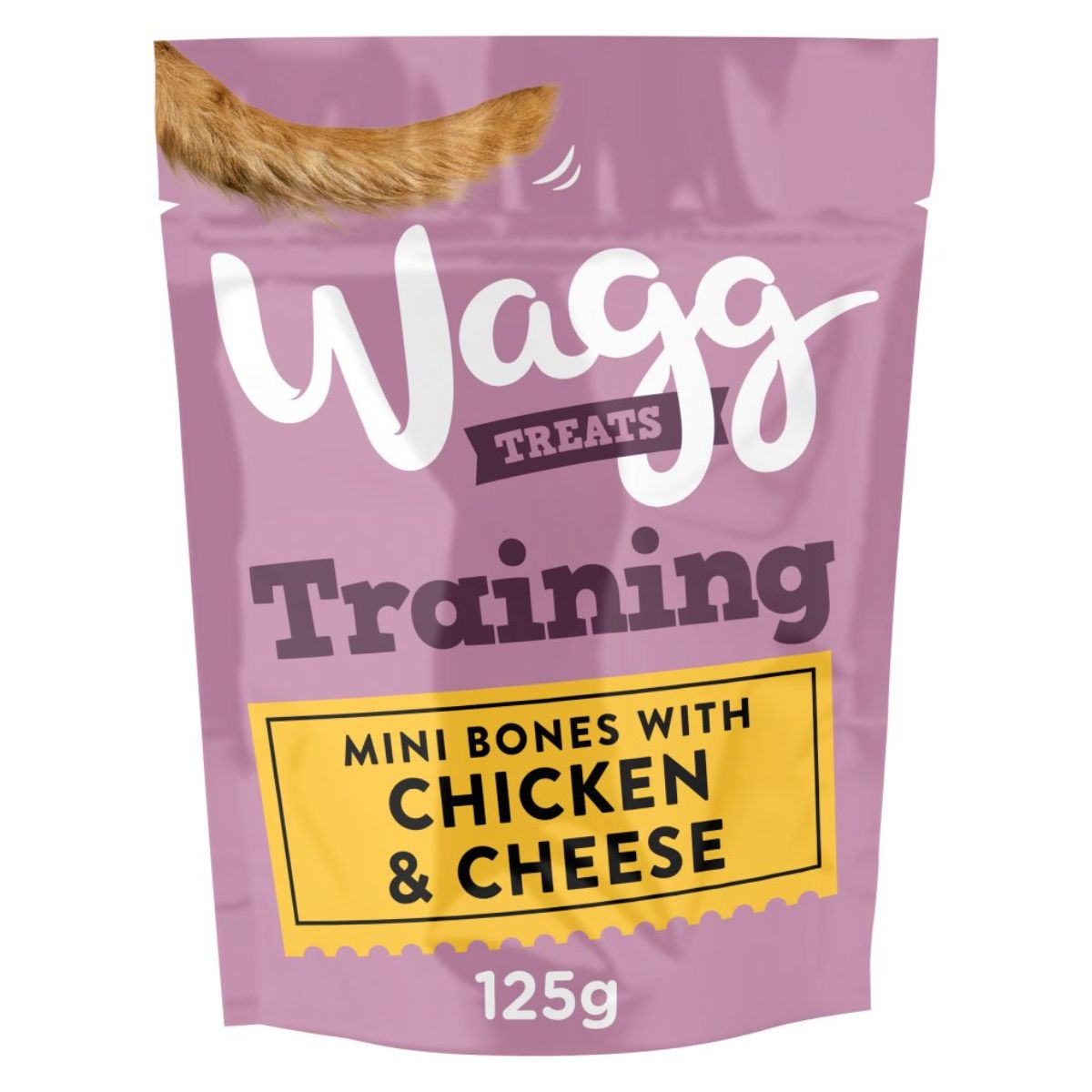 A purple packet of Wagg - Training Treats Chicken & Cheese - 125g. Perfect for dog training, there is an image of a brown tail on the top left corner of the packet.