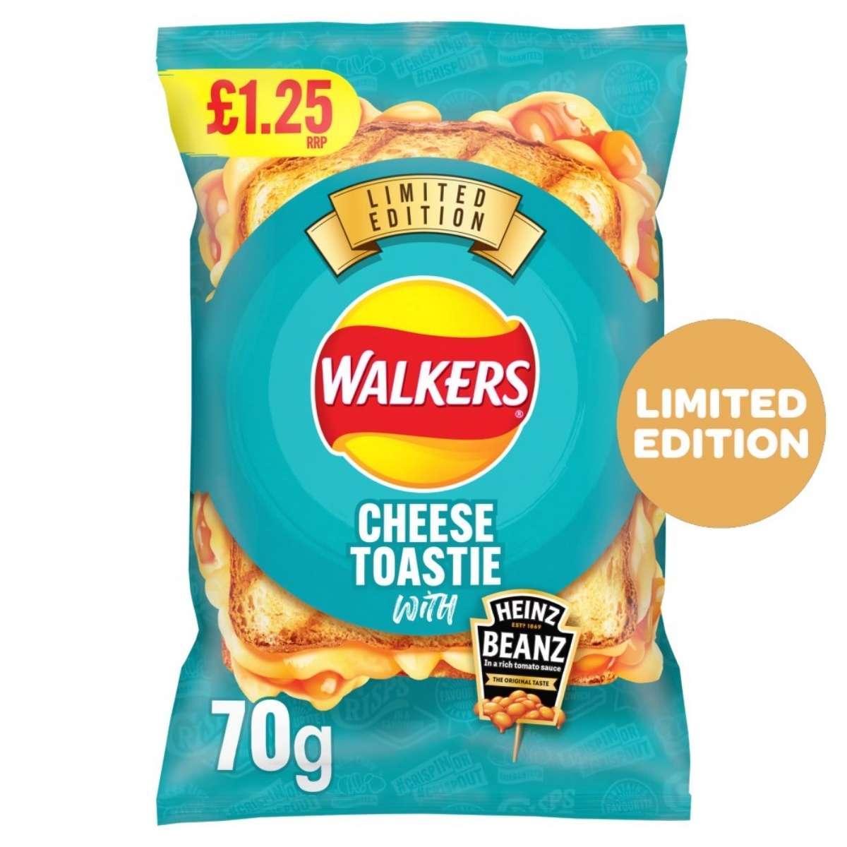 Sharing bag of Walkers Cheese Toastie with Heinz Baked Beans flavor crisps, a limited edition made from sustainably sourced British potatoes, 70g. Price marked at £1.25.