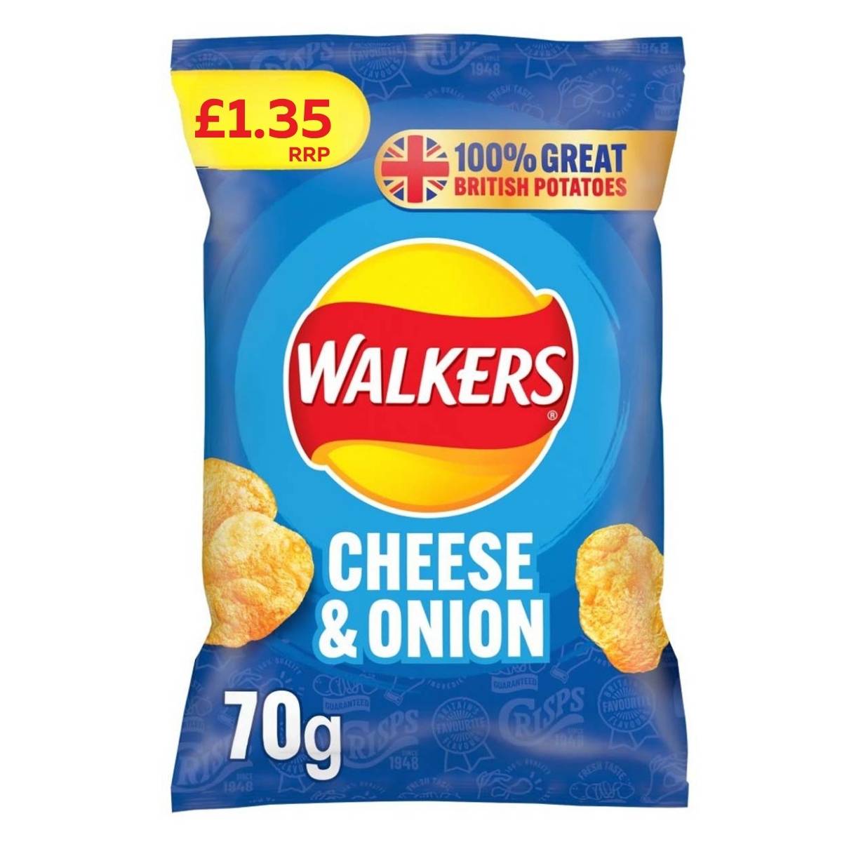 A 70g bag of Walkers Cheese & Onion Crisps with a blue background features the brand logo, potato crisps image, price label, and "100% Great British Potatoes". Made with sustainably sourced ingredients and suitable for vegetarians.