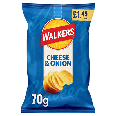 A 70g bag of Walkers Cheese & Onion chips on a plain white background. The packaging is predominantly blue with a red and yellow Walkers logo, a white vertical band, and an illustration of golden potato chips.