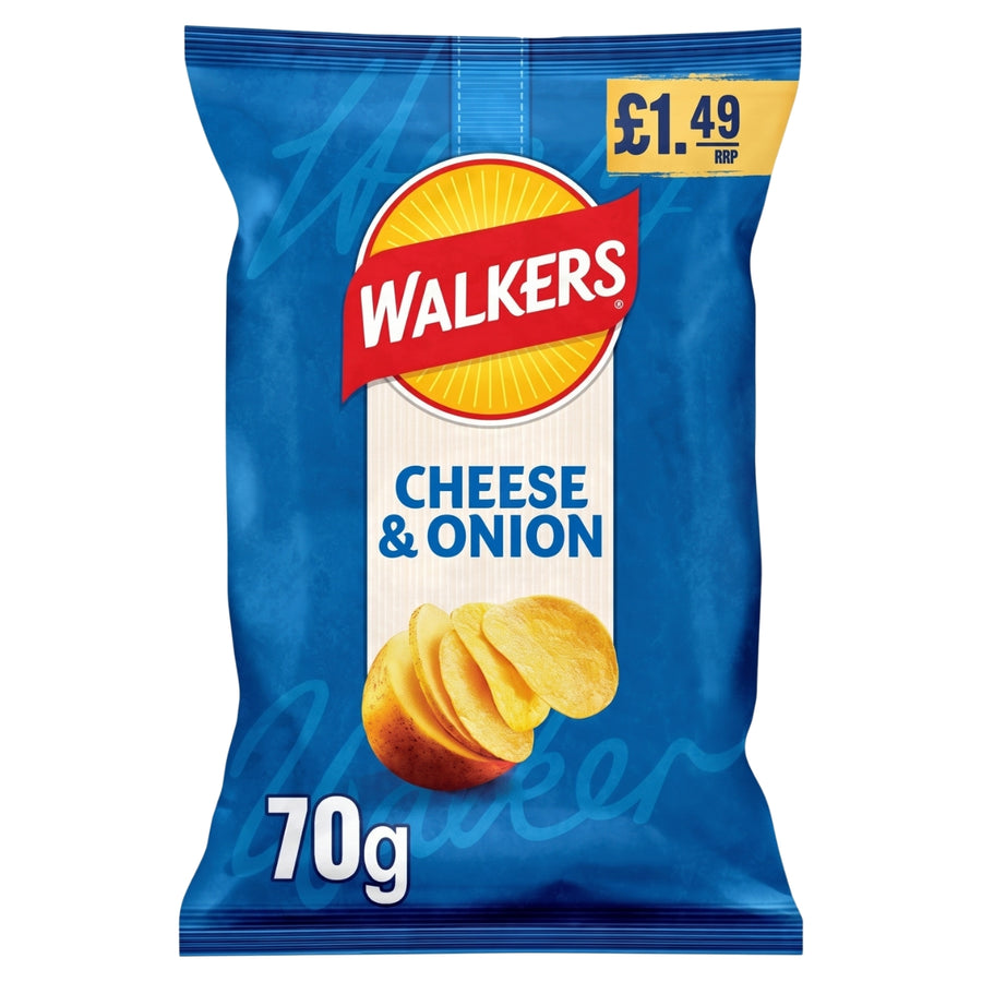 A 70g bag of Walkers Cheese & Onion chips on a plain white background. The packaging is predominantly blue with a red and yellow Walkers logo, a white vertical band, and an illustration of golden potato chips.