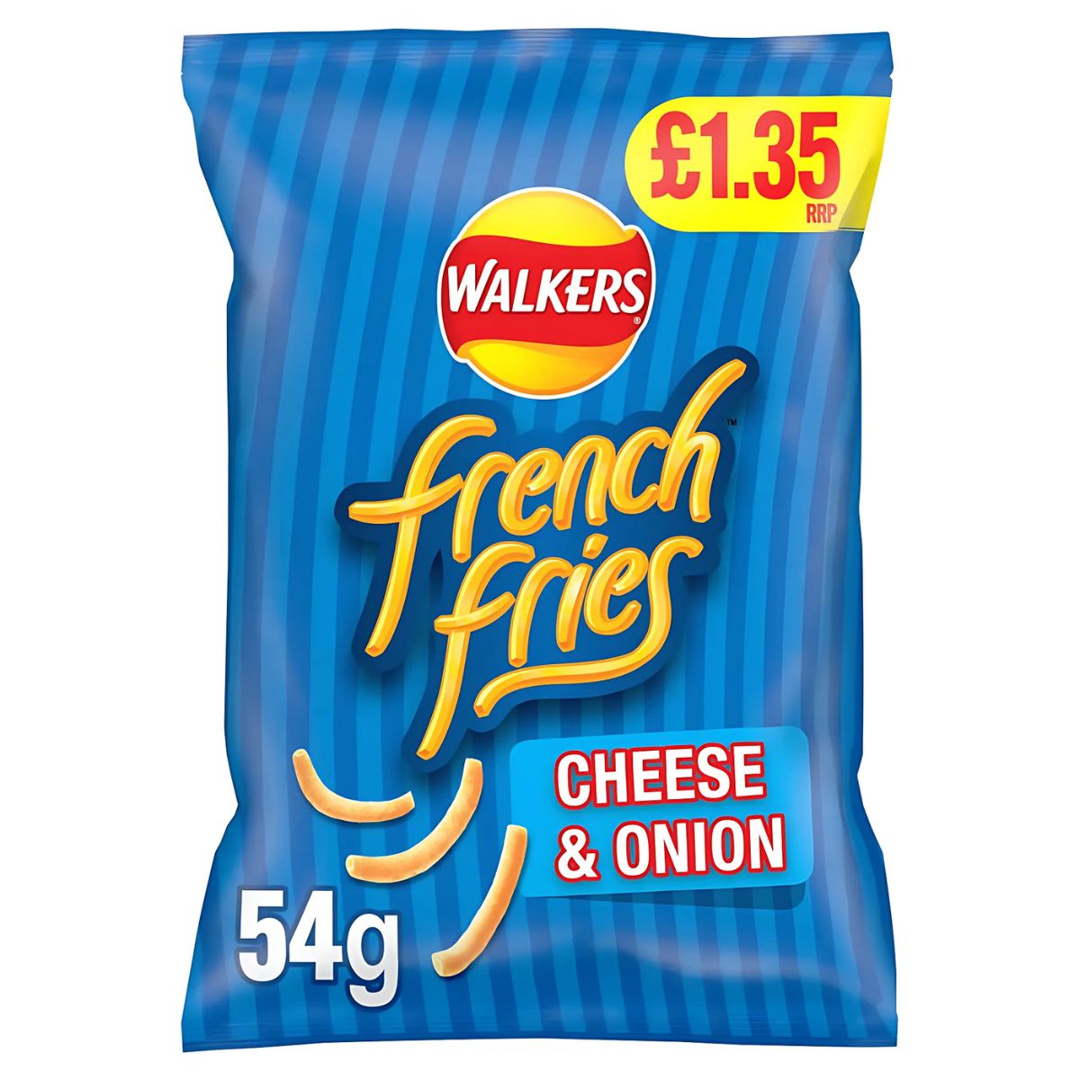 A 54g bag of Walkers French Fries Cheese & Onion Flavour Potato Snacks in blue packaging, featuring a £1.35 price label in the top right corner—ideal for any occasion.